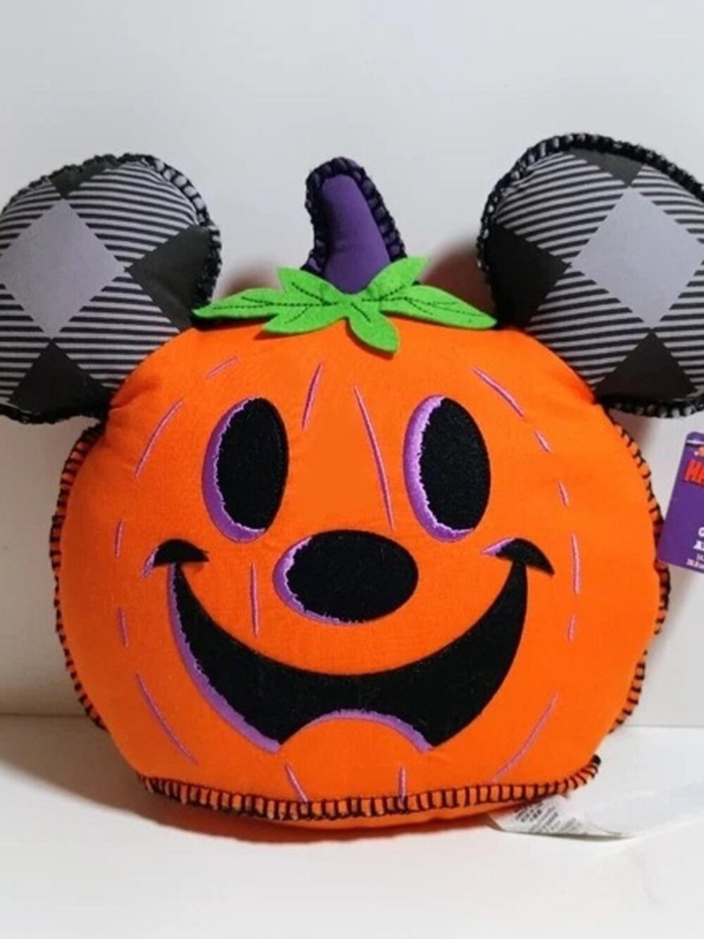 Disney Parks Mickey Mouse Halloween Pumpkin Pillow Jack-O-Lantern Plaid Ears
